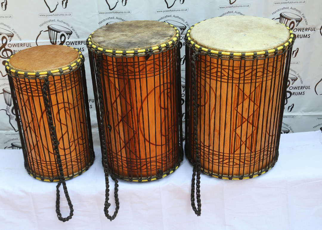 Dundun set, dundun, Sangban, kenkenin natural wood Adinkra Design.