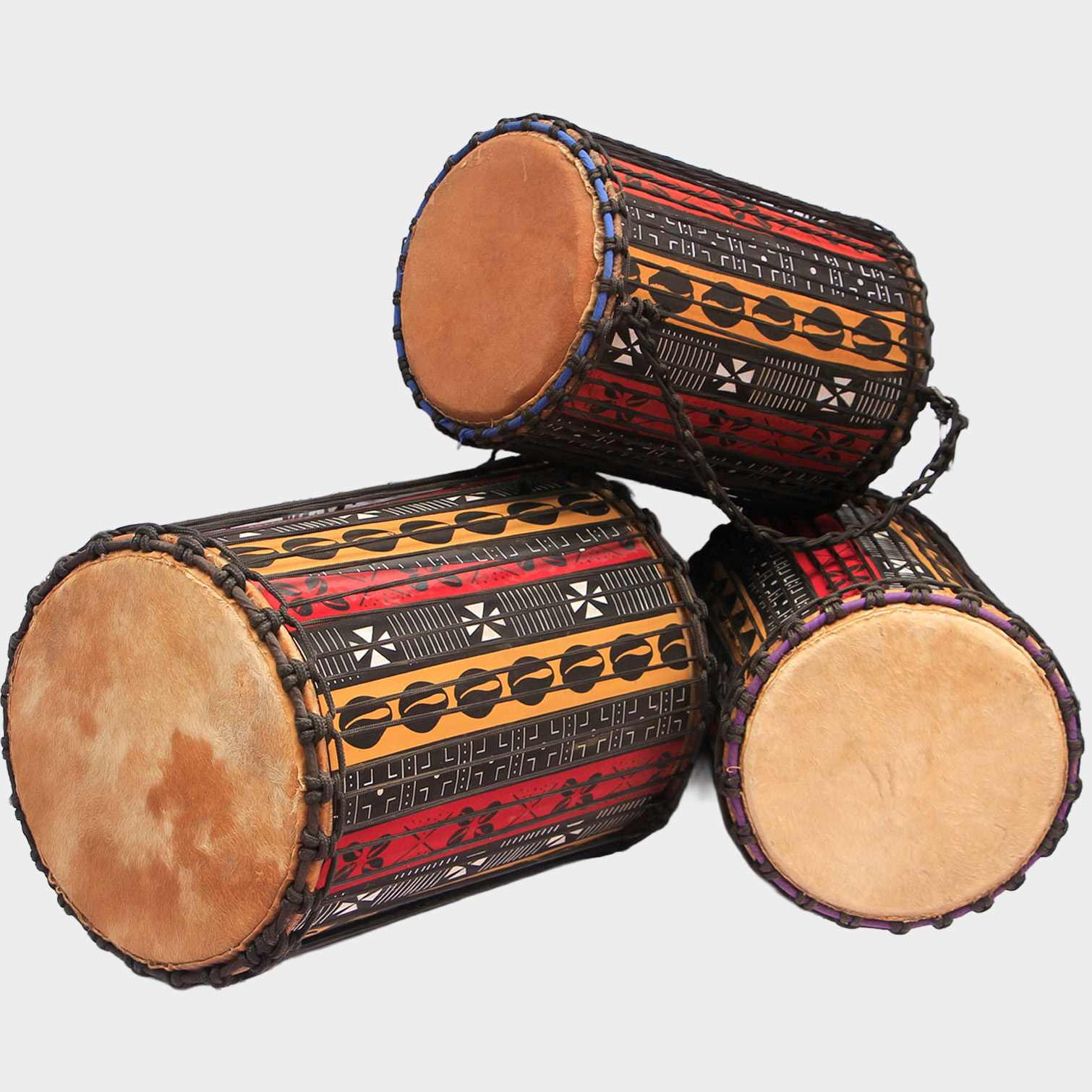 African-Djembe-Drums-Sales-DunDun-1080x1080 Dundun set wood with cowrie cloth, dundun, Sangban, kenkenin.